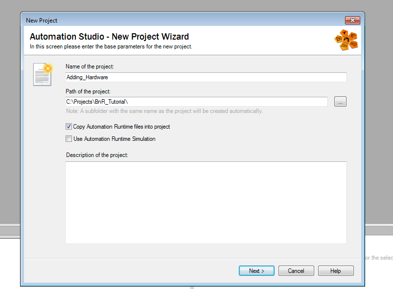 Screenshot of naming a project in Automation Studio New Project Wizard 