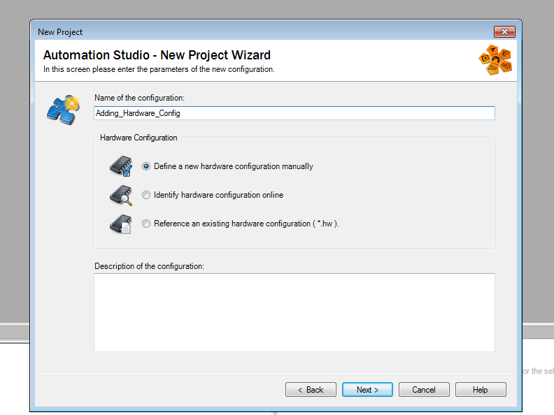 Screenshot of entering the name of the configuration and selecting the hardware configuration in the Automation Studio New Project Wizard 