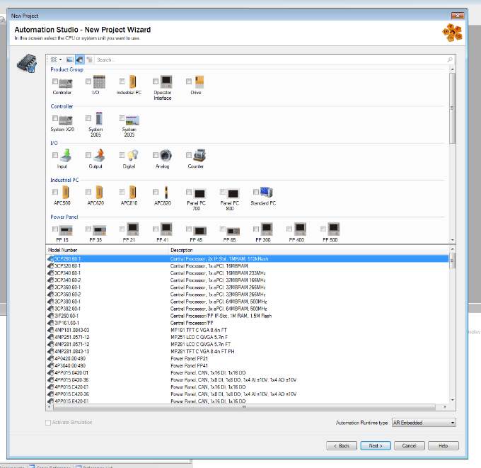 Screenshot of selecting selecting the CPU model from the list provided in Automation Studio New Project Wizard