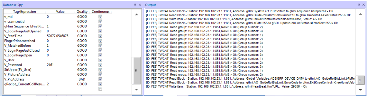 Screenshot of Database Spy and Output Window in Wonderware InduSoft Web Studio