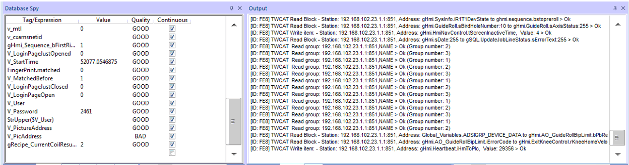 Screenshot of Database Spy and Output Window in Wonderware InduSoft Web Studio