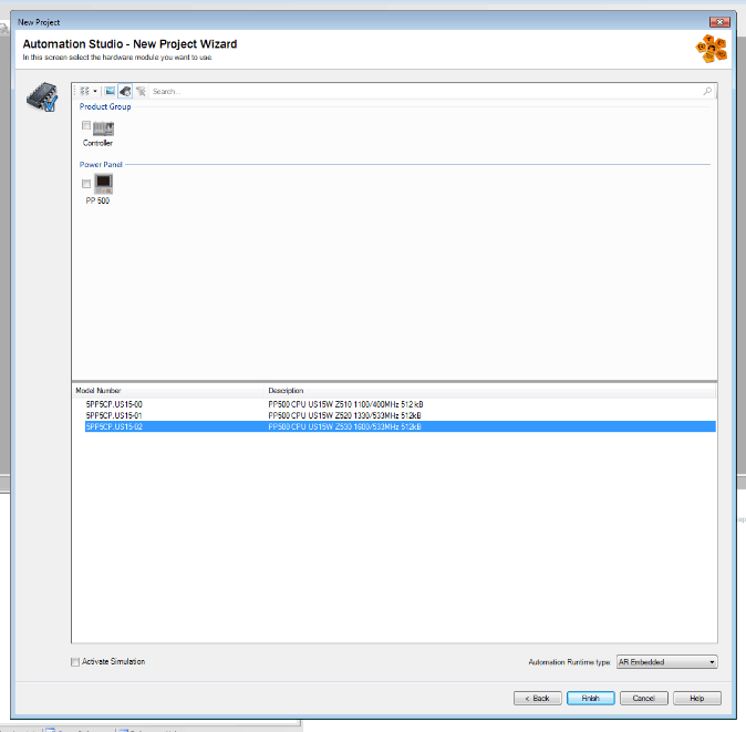 Screenshot of selecting a more specific model number in Automation Studio New Project Wizard