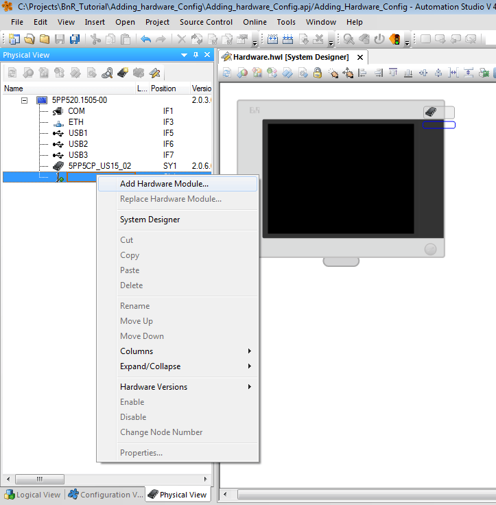 Screenshot of right clicking on the icon under the recently added System Unit in Automation Studio Physical View and selecting Add Hardware Module