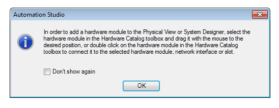 Screenshot of pop-up to select the hardware module in the hardware catalog toolbox in Automation Studio