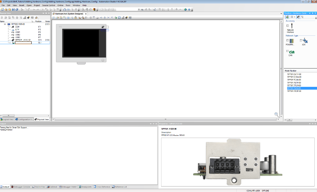 Screenshot of finding the model number of the module you are trying to add in the Hardware Catalog Toolbox in Automation Studio