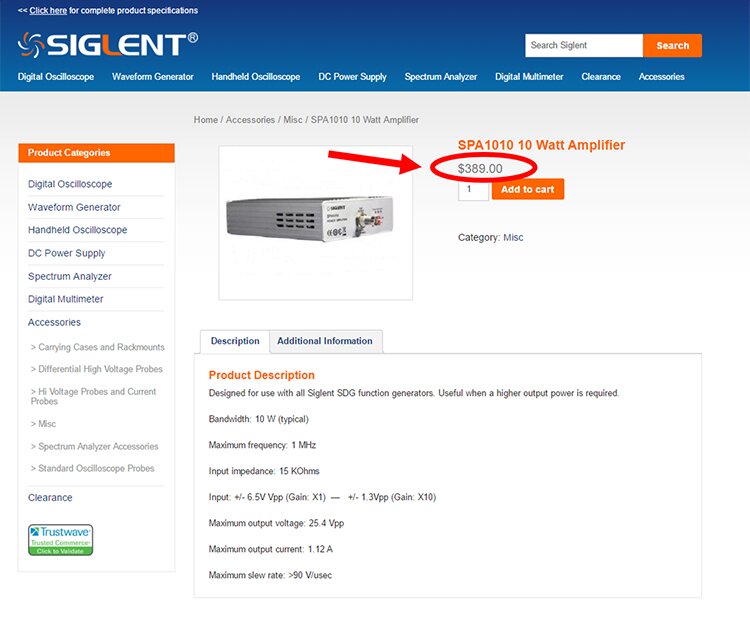 Screenshot of Siglent SPA1010 purchase page