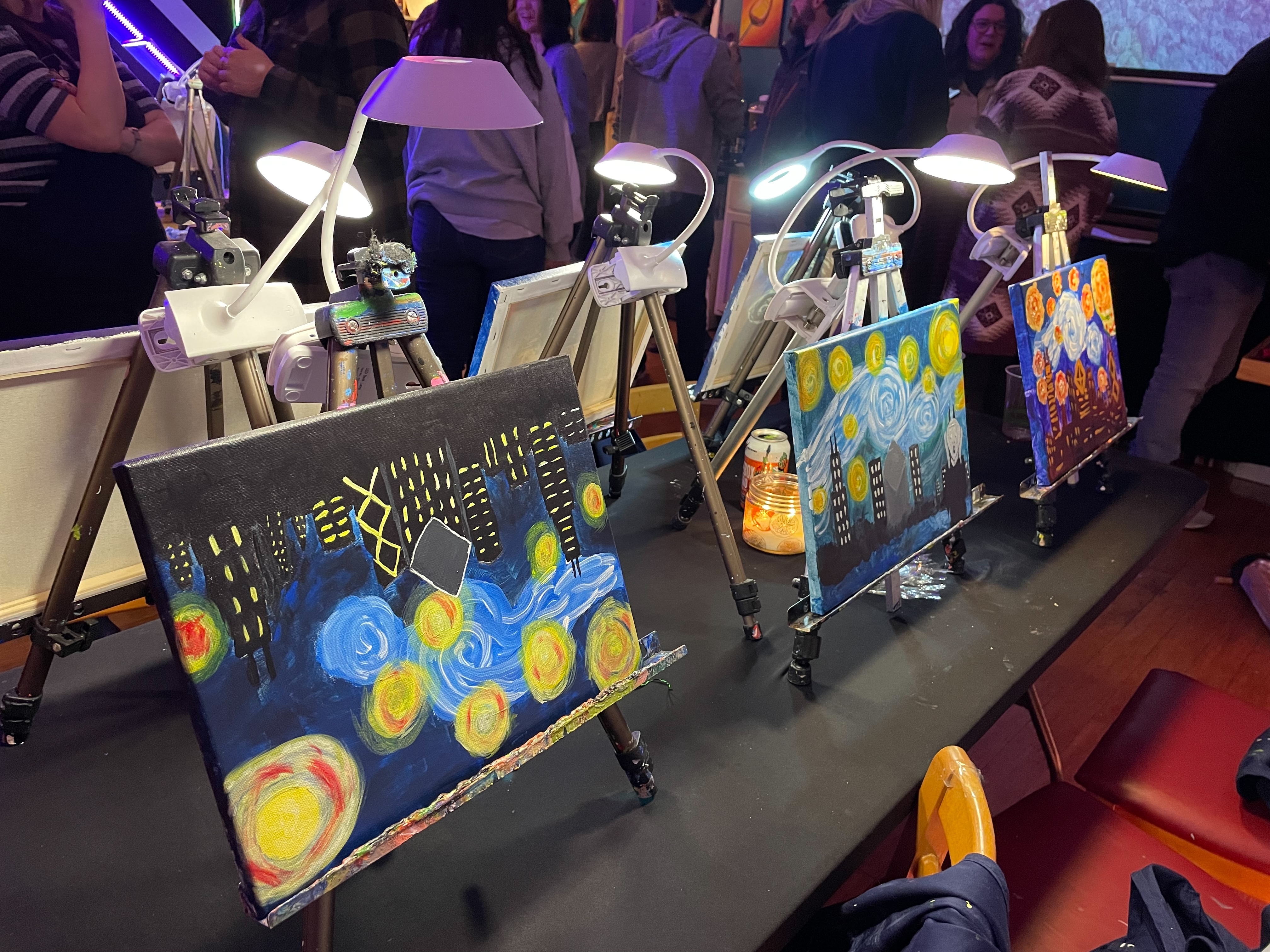 Three Starry Night paintings at Paint & Sip