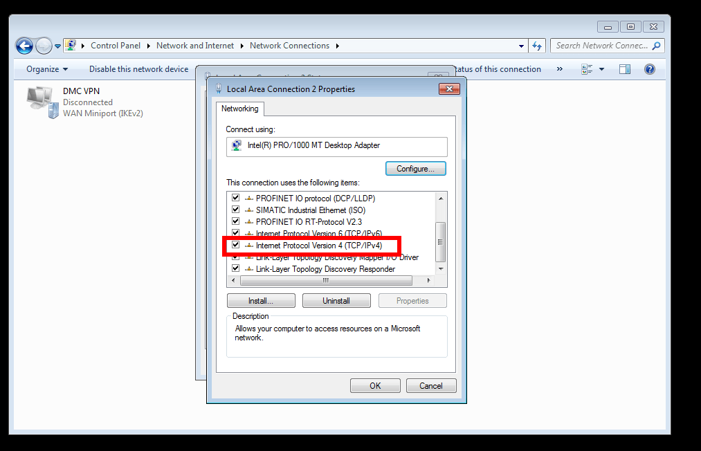 Screenshot of selecting Internet Protocol Version 4 (TCP/IPv4) option