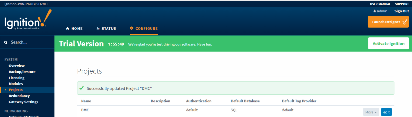 Screenshot of adding a connection once it is created as default database for Ignition project.