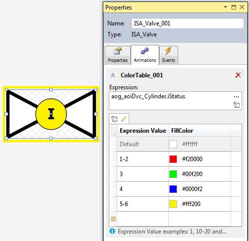 Color animation menu for valve symbol
