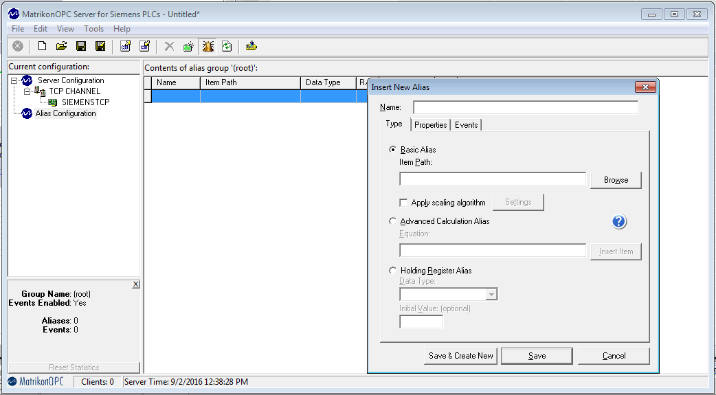 Inserting a new alias in MatrikonOPC Server for Siemens PLCs