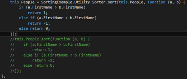 Example code calling custom JavaScript sort method