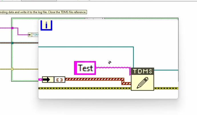 LabVIEW block diagram code with a zoomed in rectangle using Window's Magnifier 