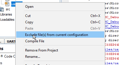 MPLAB project files tab to exclude files