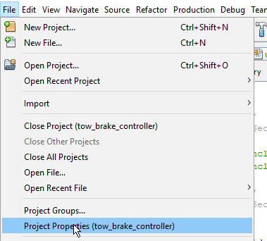 MPLAB project properties drop down menu