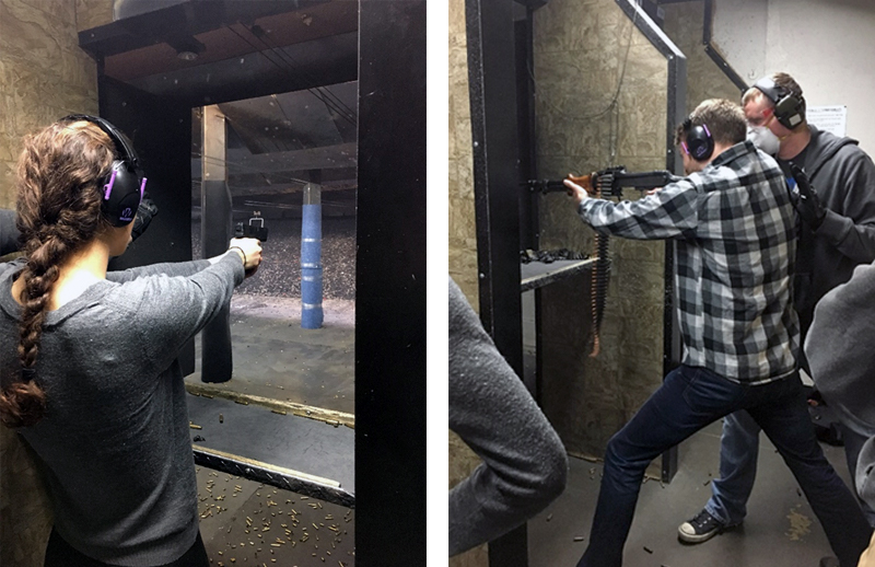 Photo of Maddie Drake and David Sestrich taking turns practicing shooting.
