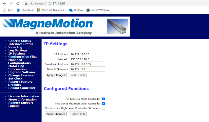 MagneMotion IP Settings Page