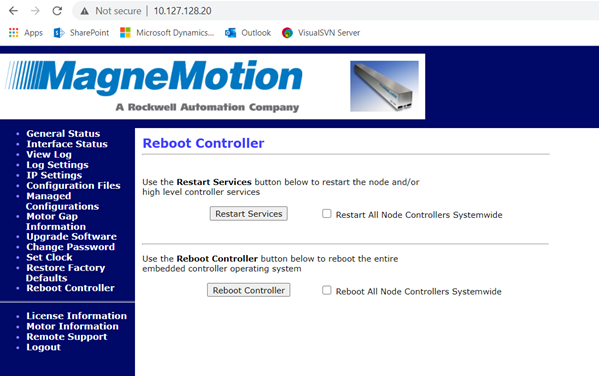 MagneMotion Reboot Controller Webpage 