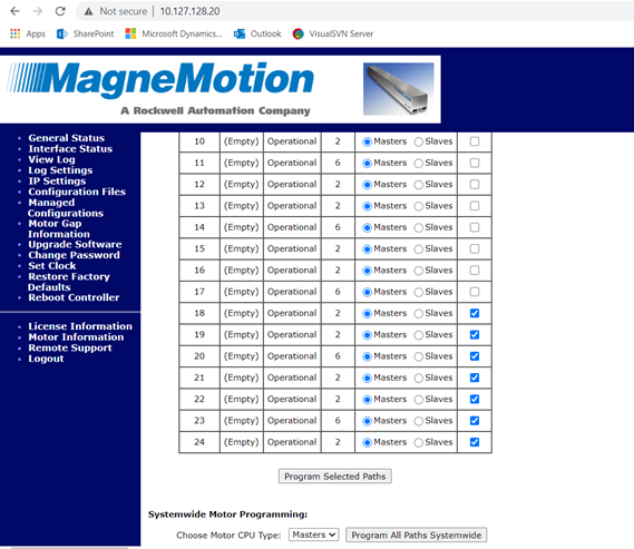 MagneMotion Program Motors sections