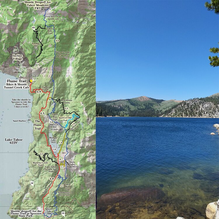 Side by side images showing the Flume Trail route and Lake Tahoe.