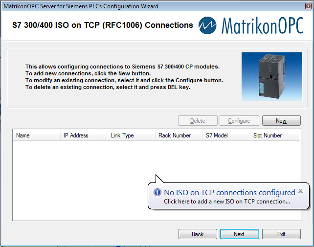 MatrikonOPC Server for Siemens PLCs configuration wizard