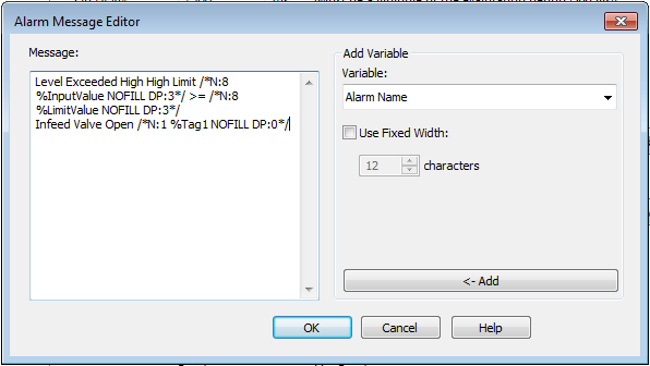 Here I've configured a message that provides the current value of the input, the limit that triggers the alarm, and the status of a relevant valve