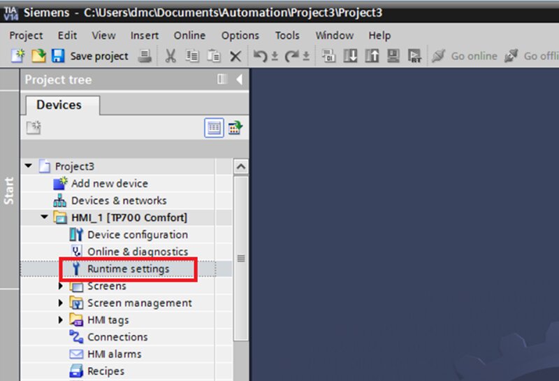 Navigating to the HMI project's Runtime properties by double-clicking Runtime Settings.