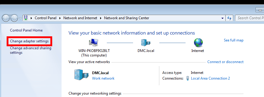 Screenshot of changing adapter settings in network and sharing center