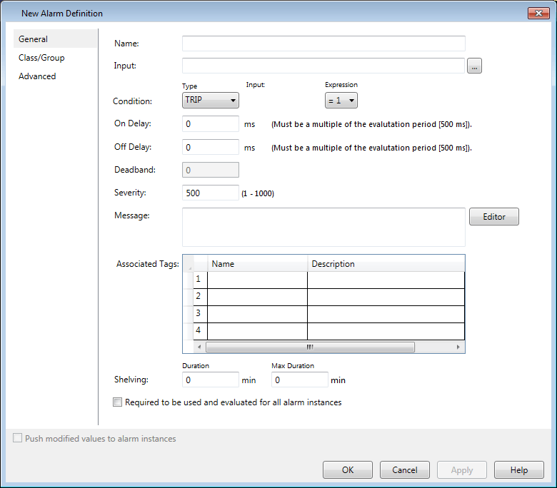 The alarm definition menu is almost identical to the singular alarm property menu 