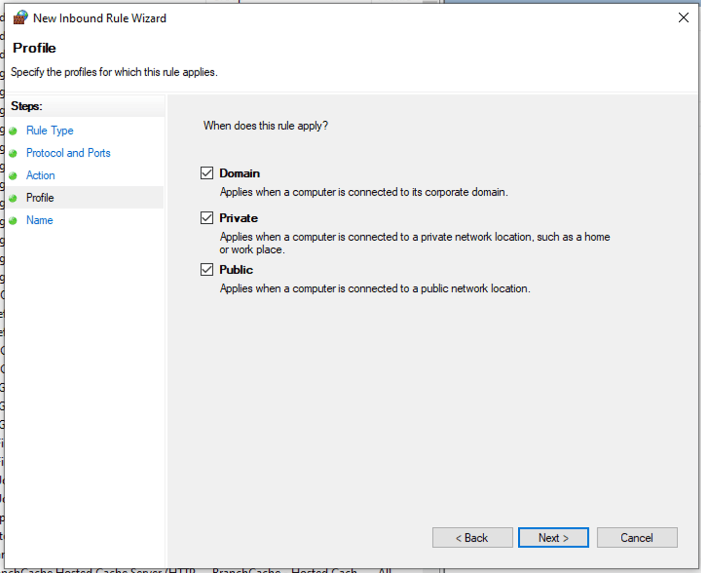 New Inbound Rule Wizard Domain Private Public