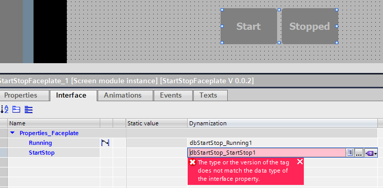 Mapping the Faceplate's Interface to the PLC. Screenshot shows error message "The type or the version of the tag does not match the data type of the interface property."