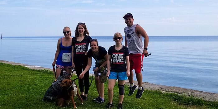 Photo of DMC Cares PAWS 5k walkers by Lake Michigan.