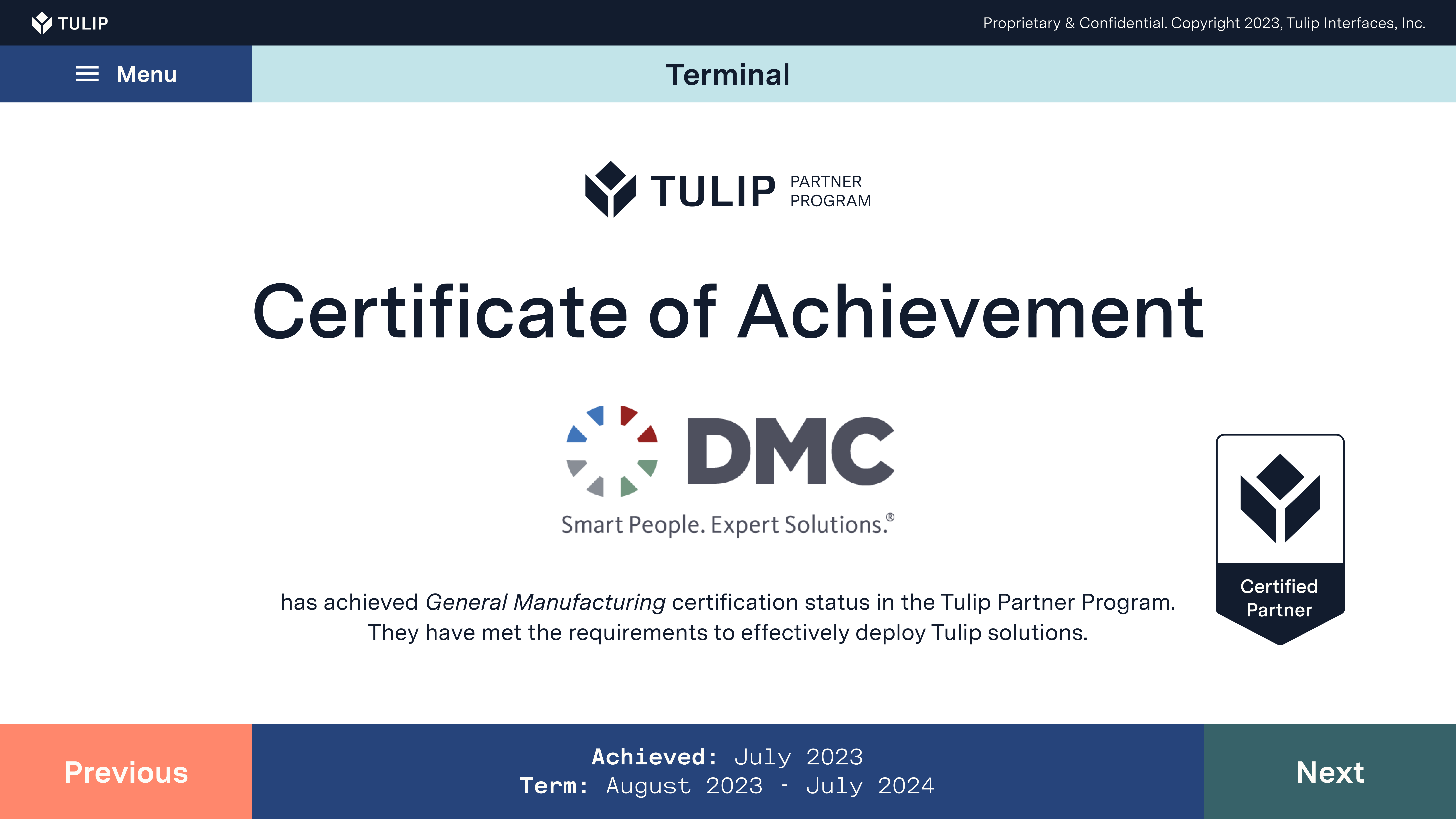 DMC's Tulip Partner Program certificate
