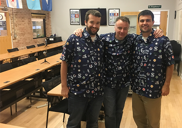 Pete, Frank and Jason wear Hawaiian shirts on a Friday.