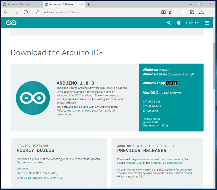 Screenshot of Arduino IDE download page.