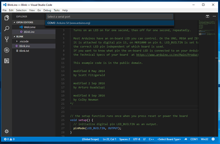 Screenshot of VSCode Blink test - Open COM window.