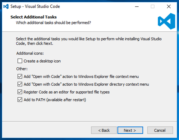 Screenshot of installer in Visual Studio Code - Select Additional Tasks.