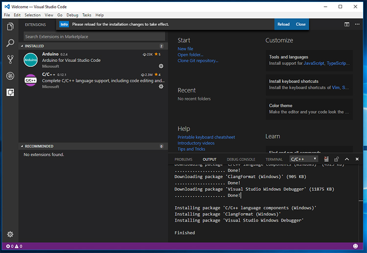 Screenshot of Visual Studio Code Extensions Marketplace - Arduino Extension enabled.