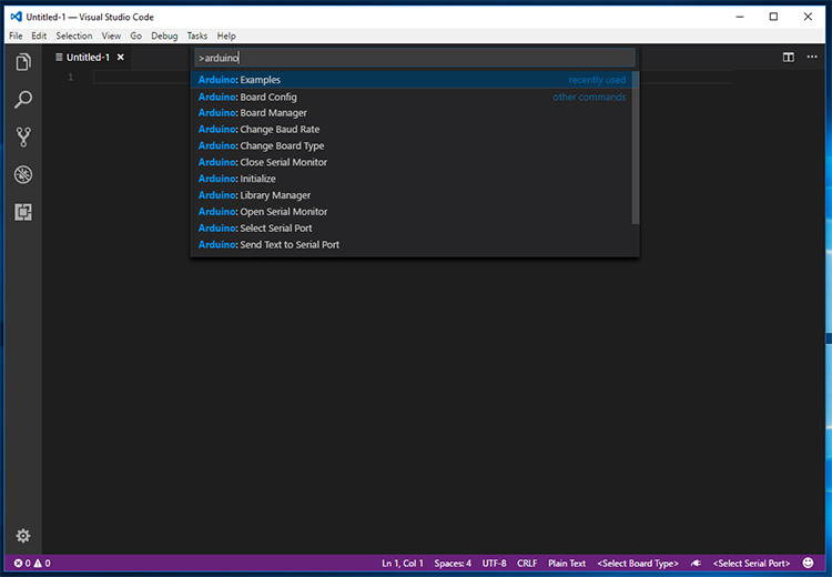 Screenshot of Visual Studio Code Command Palette, selecting Arduino:Examples