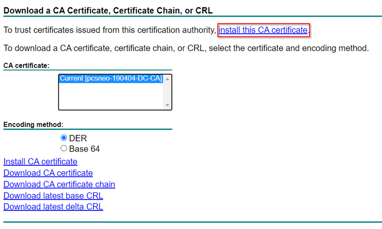 Certificate request page