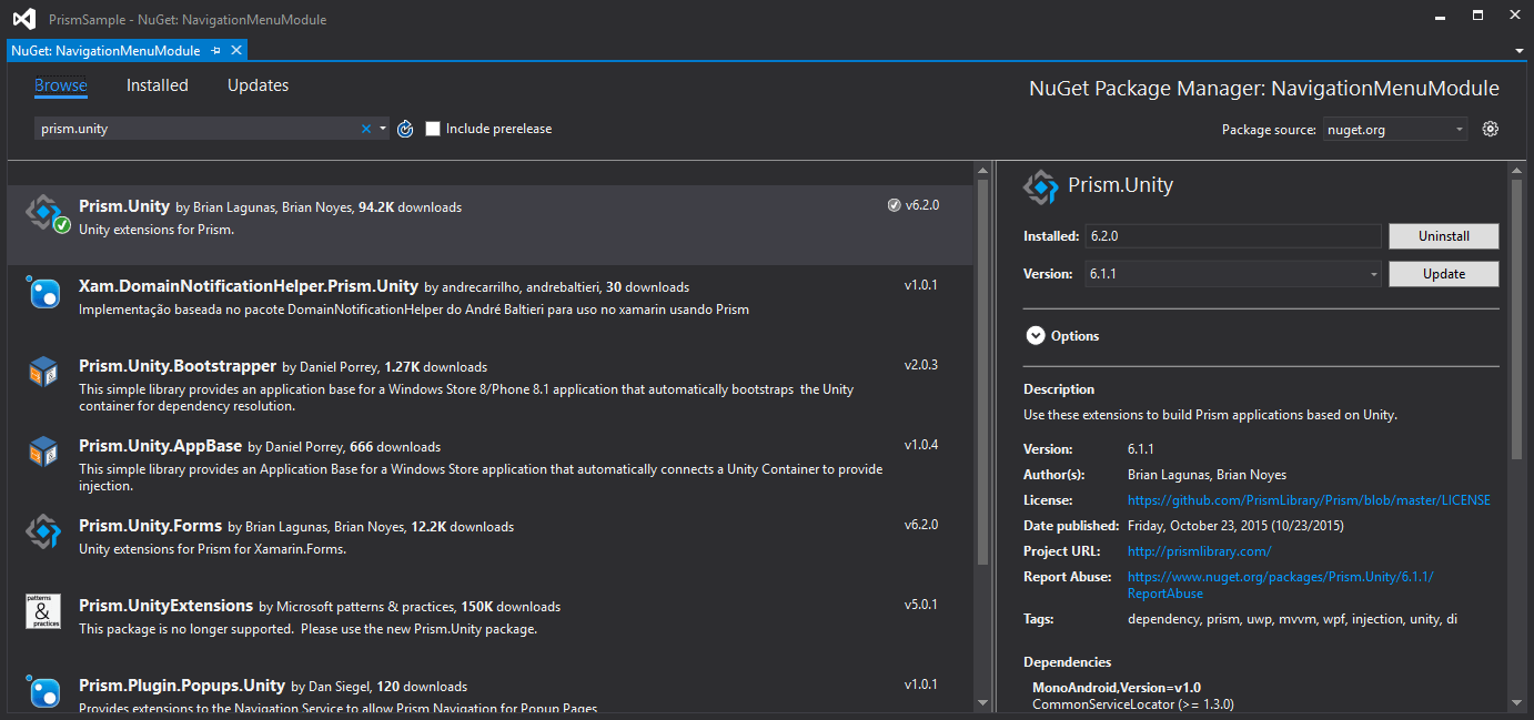 Adding Prism and Unity Libraries via NuGet