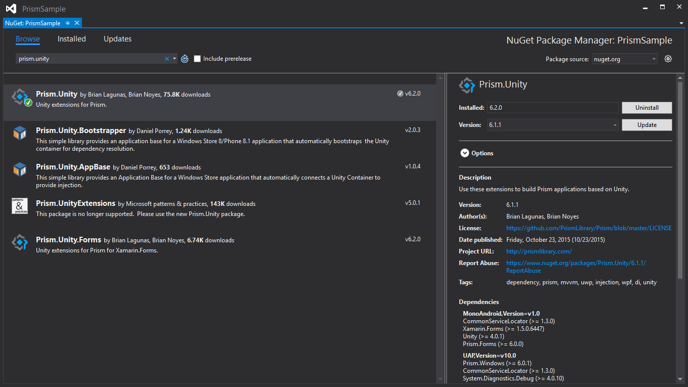 Adding Prism and Unity Libraries via NuGet Adding Prism and Unity Libraries via NuGet