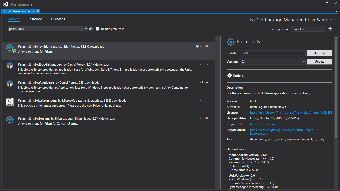 Adding Prism and Unity Libraries via NuGet