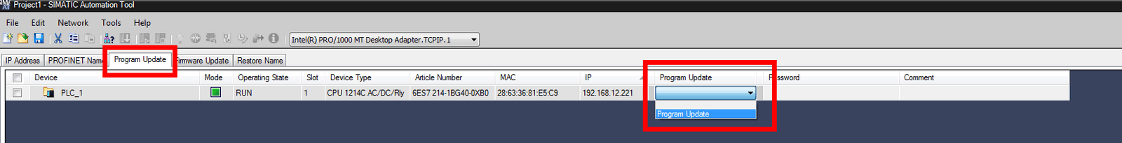 Screenshot of selecting program update in SIMATIC Automation Tool 
