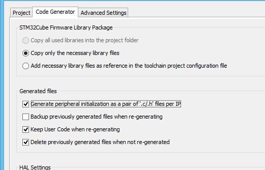 Screenshot of selecting "Generate peripheral initialization as a pair of ‘.c/.h’ files per IP"