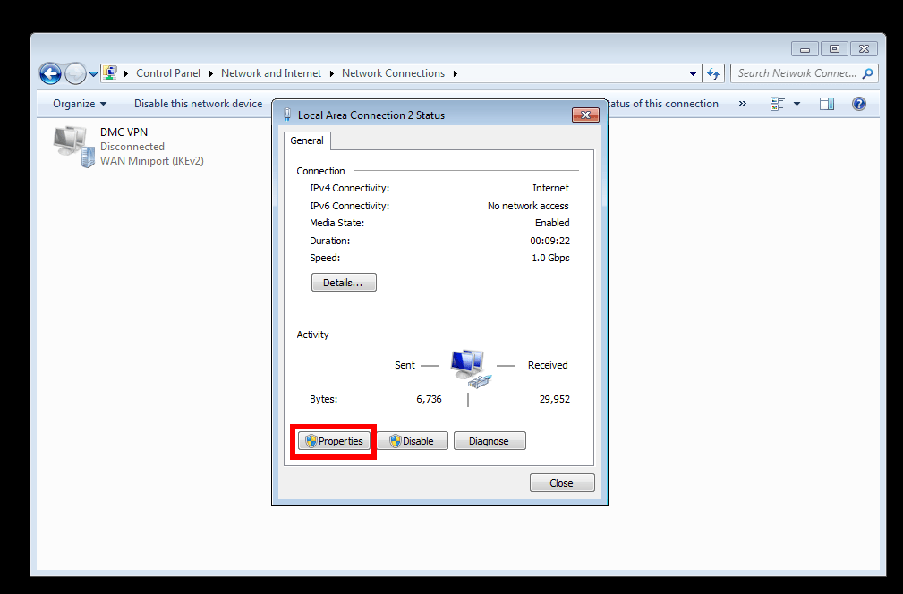 Screenshot with properties button highlighted in local area connection status tab