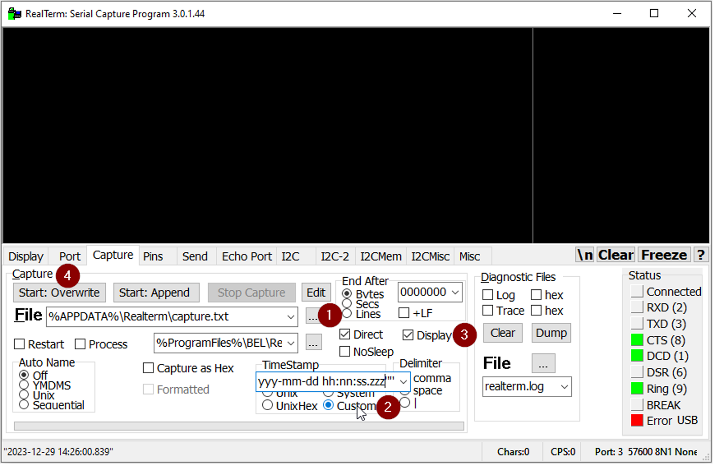 RealTerm: Serial Capture Program settings menu