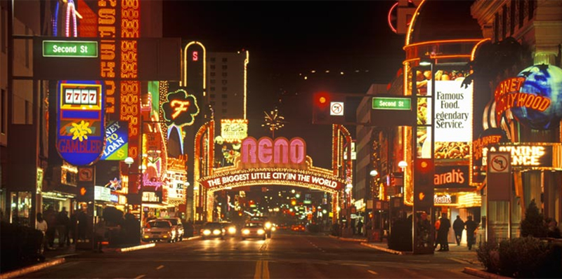 Photo of downtown Reno at night.