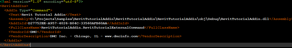 A sample Revit .addin manifest file