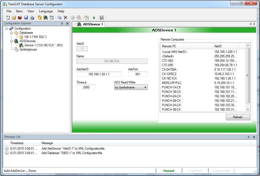 TwinCAT Database Server Configurator Settings